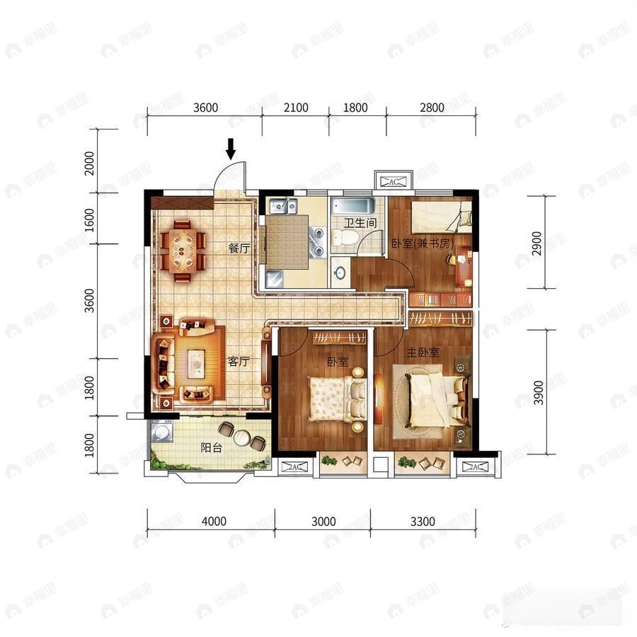 3室2厅1卫建面102平户型图