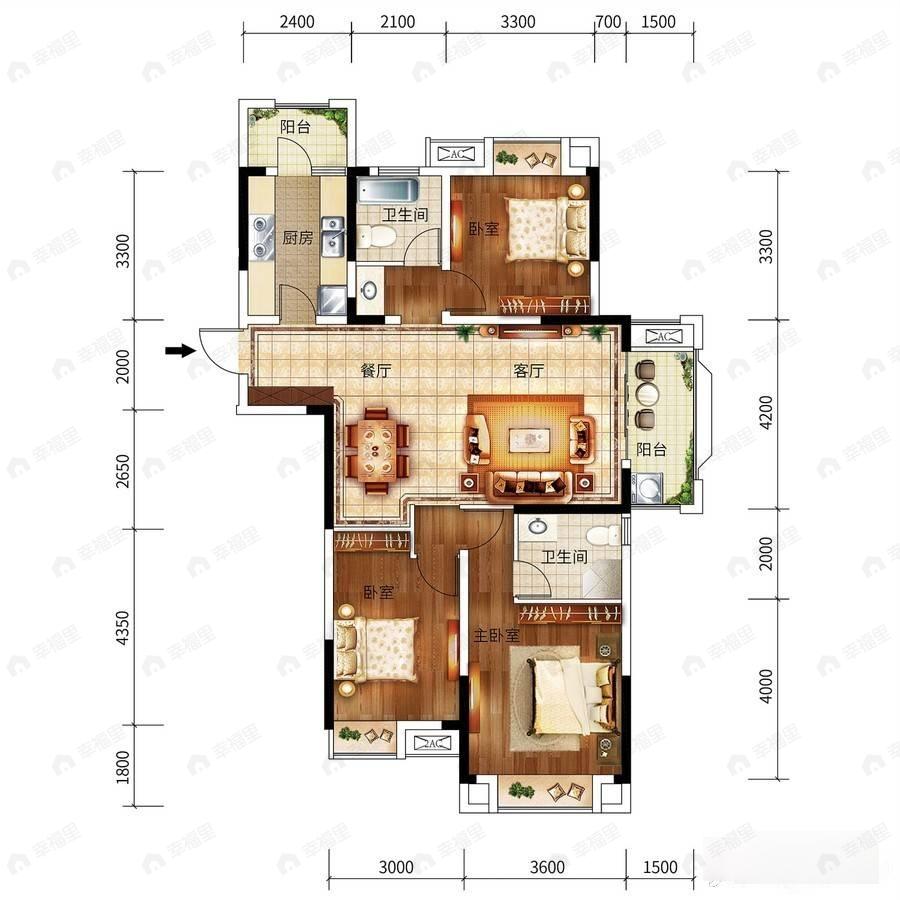 中国铁建·公园33263室2厅2卫户型图