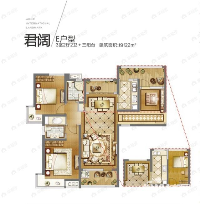 3室2厅2卫建面122平户型图