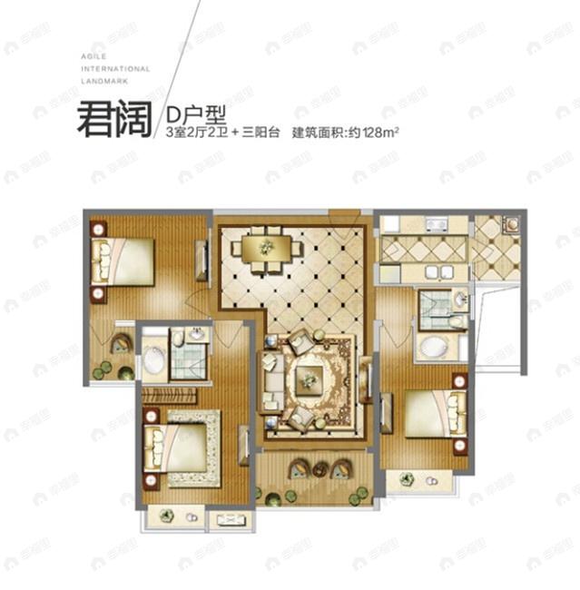 3室2厅2卫建面128平南户型图
