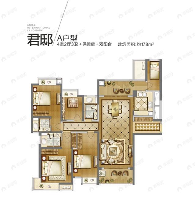 4室2厅3卫建面178平南户型图