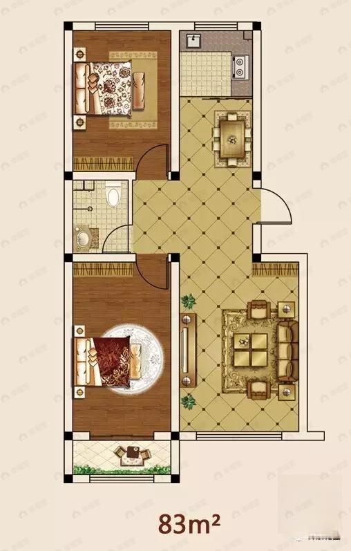2室2厅1卫建面83m²南户型图