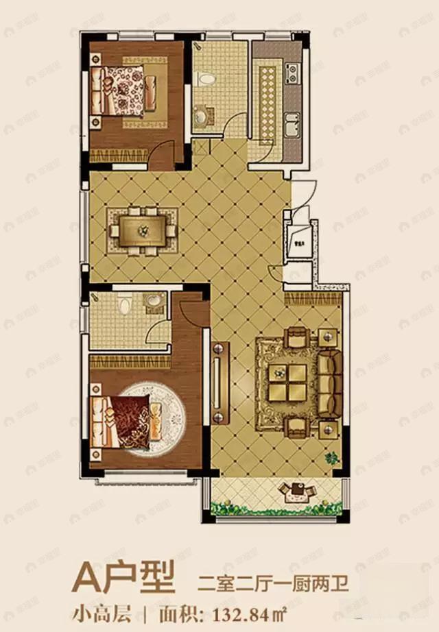 2室2厅2卫建面132m²南户型图
