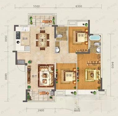 3室2厅2卫建面131平南户型图