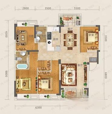 4室2厅2卫建面138平南户型图