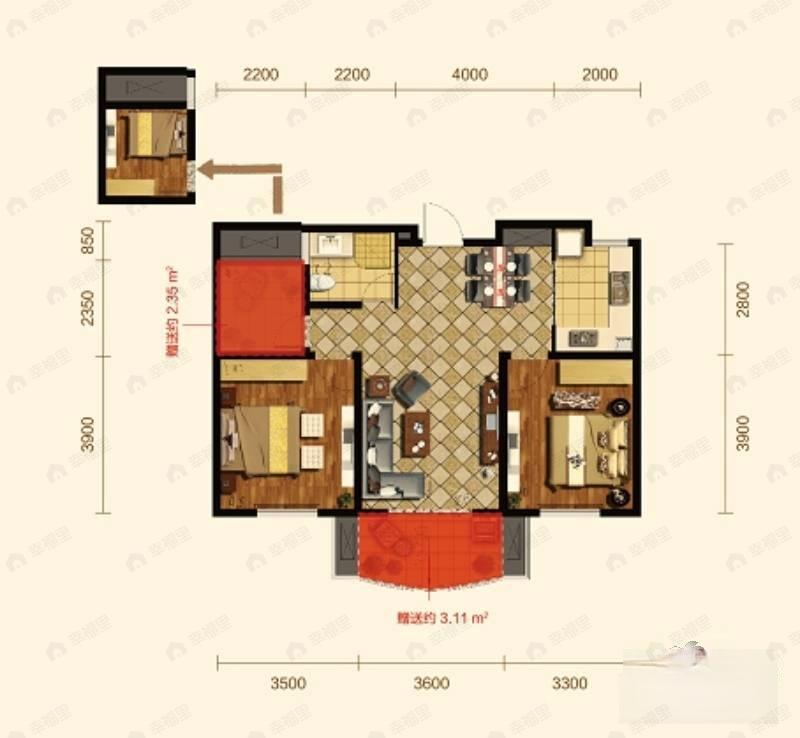 2室1厅1卫建面92平户型图