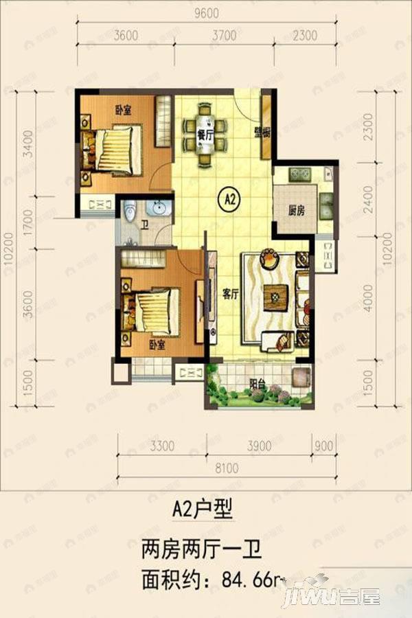 2室2厅1卫建面84平户型图