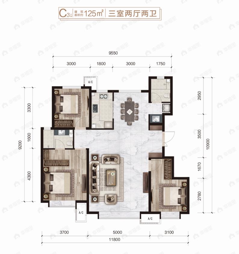 3室2厅2卫建面125m²南|北户型图