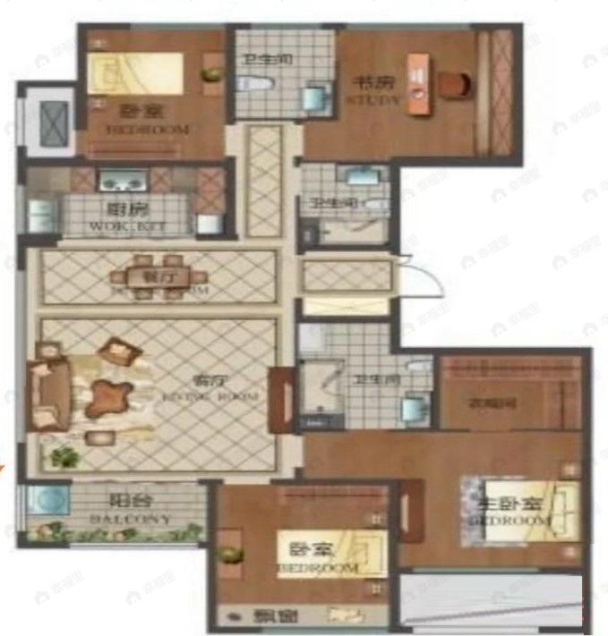 4室2厅3卫建面165平南户型图