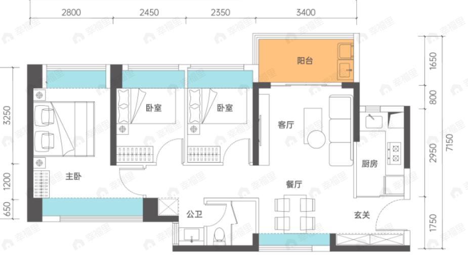 传承启元3室2厅1卫户型图