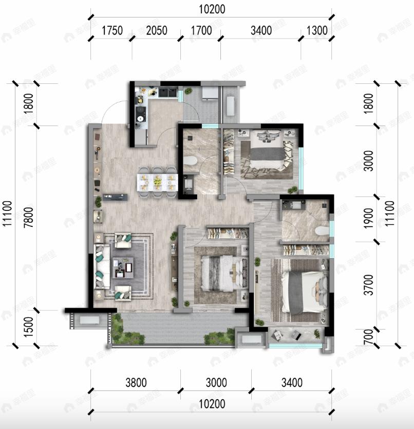 绿地智慧公园城3室2厅2卫户型图