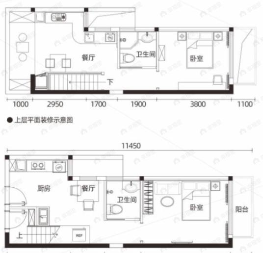 2室2厅2卫建面45平户型图