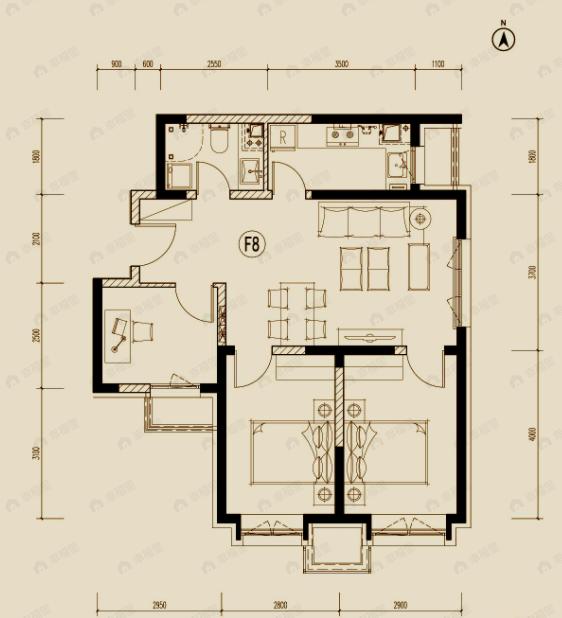 3室2厅1卫建面89平南|北户型图