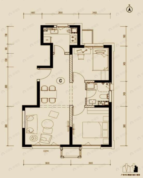 2室2厅1卫建面85m²南|北户型图