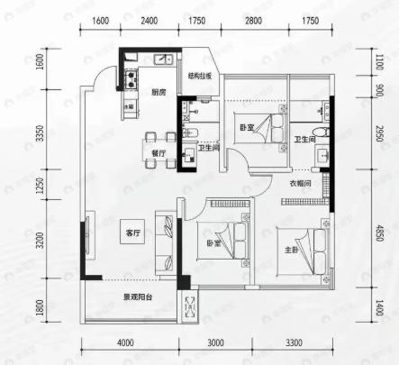 北投领上3室2厅2卫户型图
