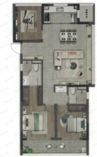 龙湖城投昱湖壹号3室2厅2卫户型图