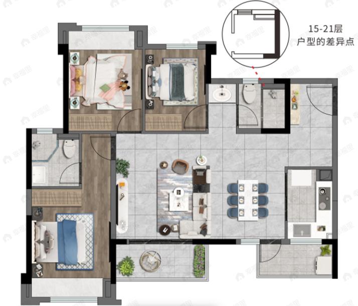 金科中梁美院3室2厅2卫户型图