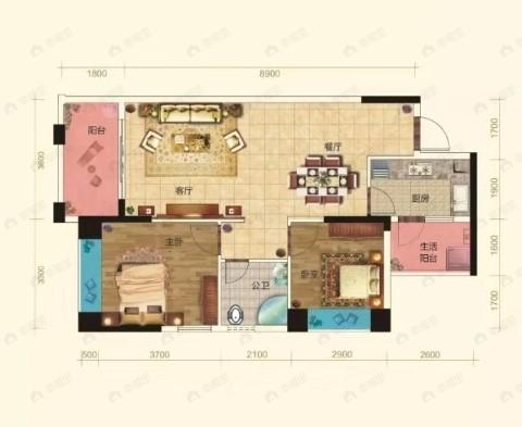 瑞恒新城2室2厅1卫户型图