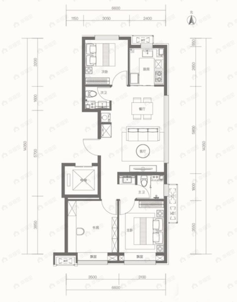 长安润璟3室2厅2卫户型图