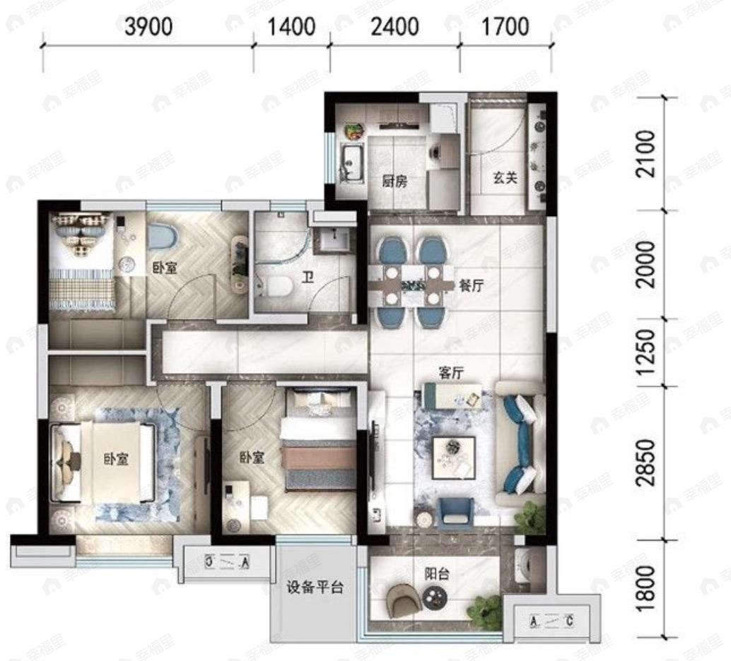 兰州碧桂园文璟城3室2厅1卫户型图