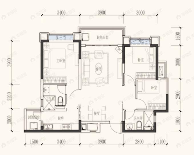 恒大御景3室2厅2卫户型图