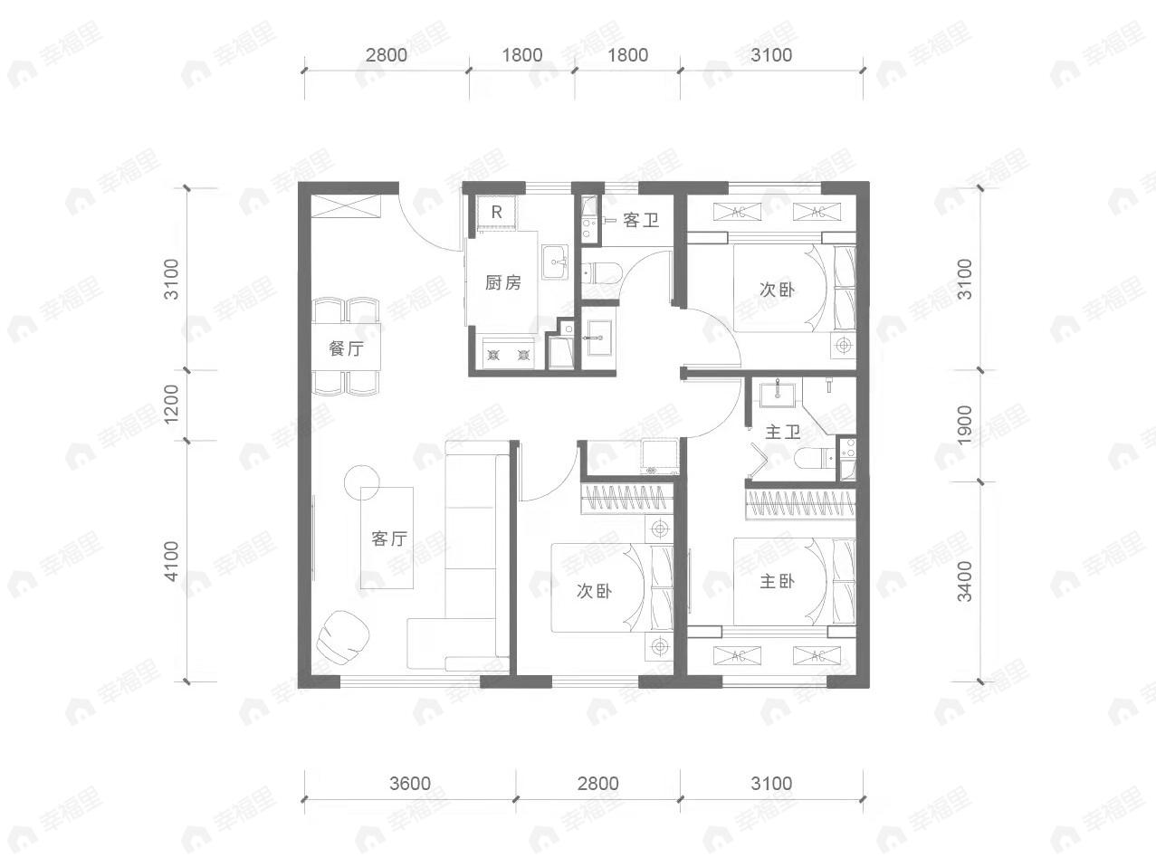 长安悦玺3室2厅2卫户型图