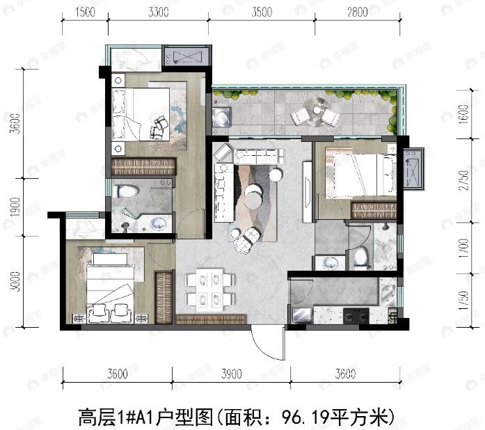 中铁城鉴湖栖郡3室2厅2卫户型图