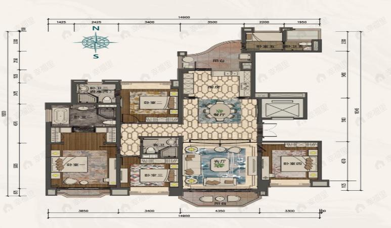 5室2厅4卫建面226平户型图