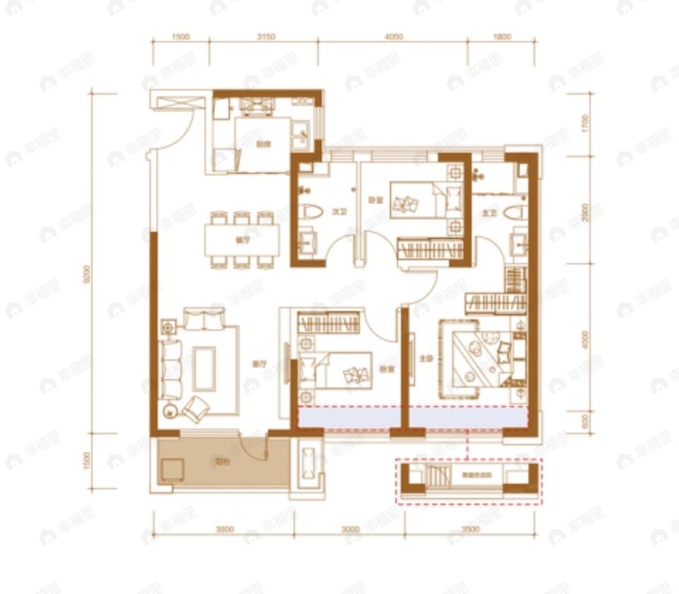 远洋红星兰州天铂3室2厅2卫户型图
