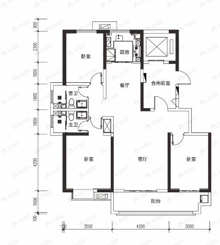 唐樾六和坊3室2厅2卫户型图