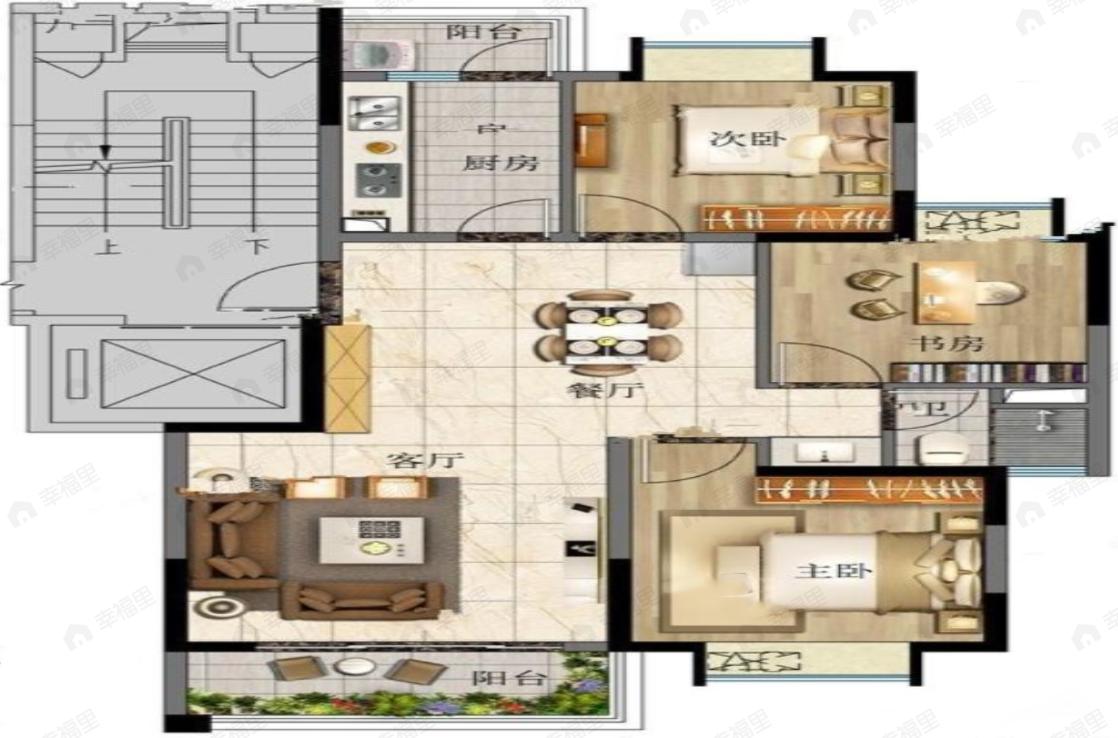 3室2厅1卫建面92m²南户型图
