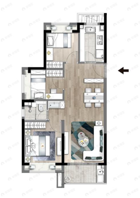 金地丰盛道3室2厅1卫户型图