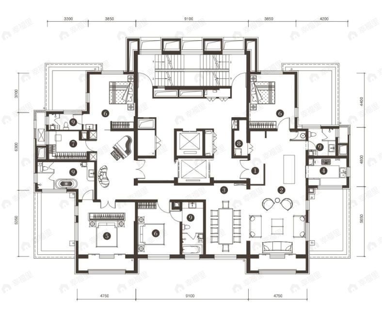 4室3厅4卫建面333平南户型图
