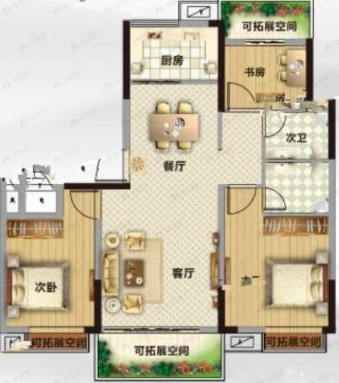 3室2厅2卫建面107平南户型图