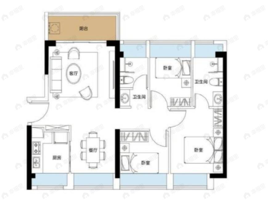 佳华沙湖广场3室2厅2卫户型图