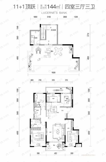 4室3厅3卫建面144平北|南户型图