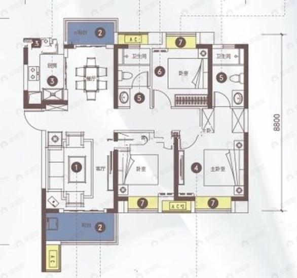 世茂云锦瑰海园3室2厅2卫户型图