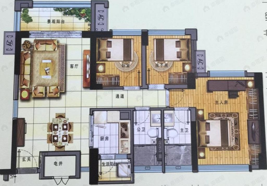 3室2厅2卫建面88平东南户型图