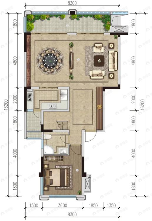 4室2厅3卫建面163m²东|西户型图