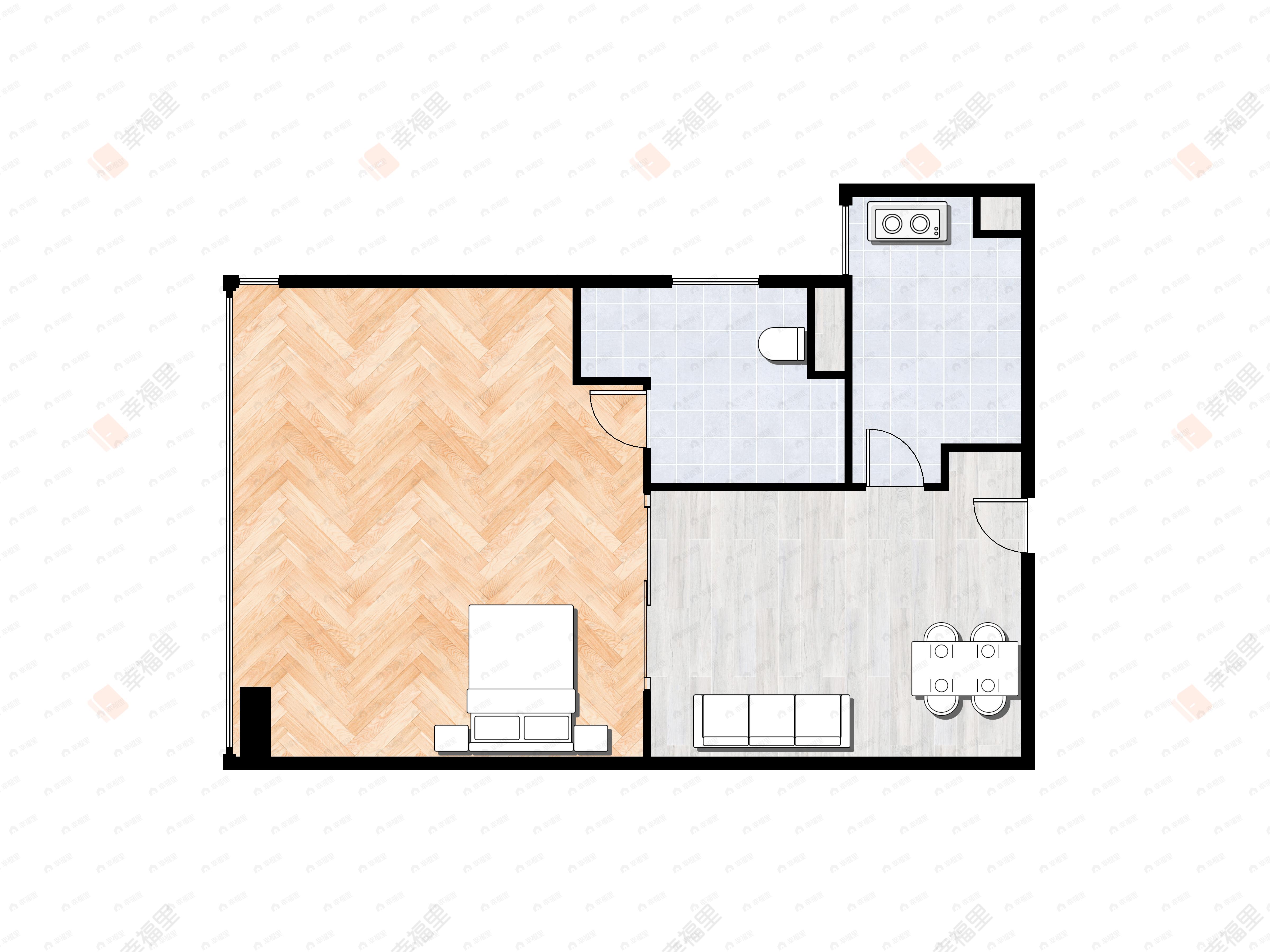 1室1厅1卫建面58m²北|西户型图