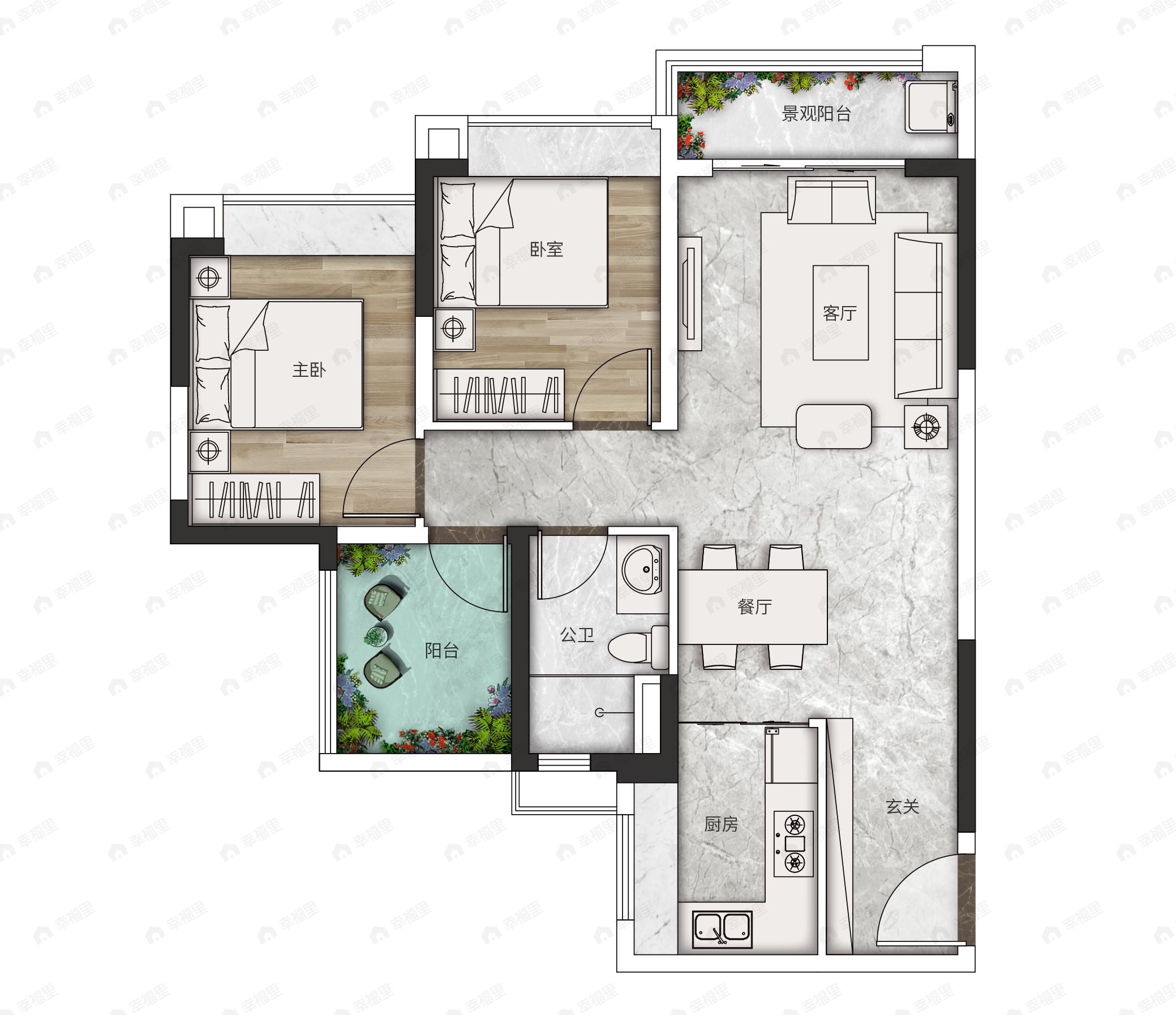 南沙十里方圆二期2室2厅1卫户型图
