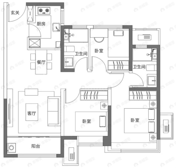 金地万悦城3室2厅2卫户型图