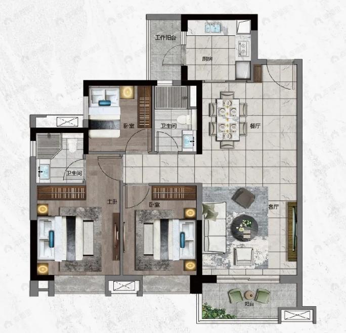 中国铁建海语熙岸3室2厅2卫户型图