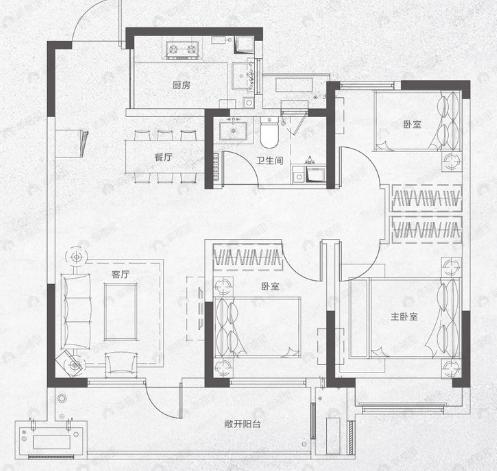 高实城3室2厅1卫户型图