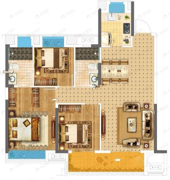 百瑞景滨江生活区3室2厅2卫户型图