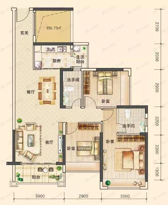 方凯天悦城3室2厅2卫户型图