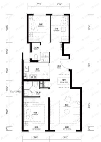 越秀·天玥3室2厅2卫户型图