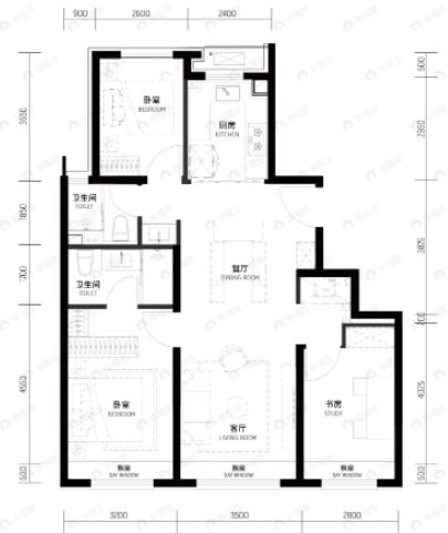 越秀·天玥3室2厅2卫户型图