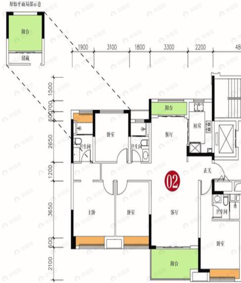 4室2厅3卫建面142平北|南户型图