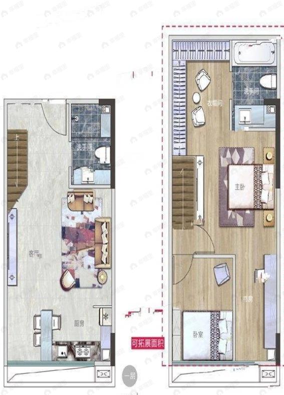 2室1厅2卫建面46平户型图